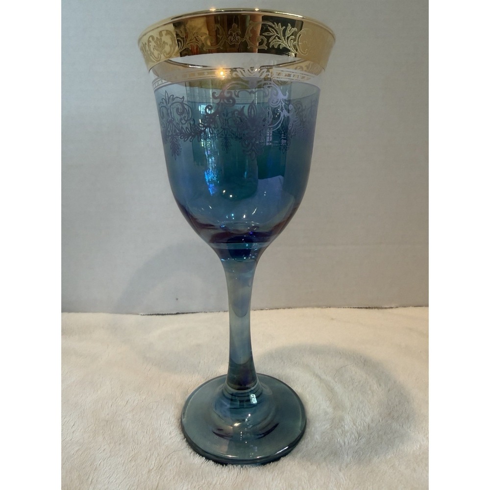 Blue Iridescent Wine Glass W/Gold Trim Made In Italy